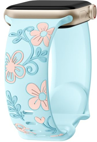 Mastten Trefärgad blomma graverad rem kompatibel med Apple Watch-remmar 38-49 mm, mjukt silikon elegant sportband för iWatch SE serie 1-10