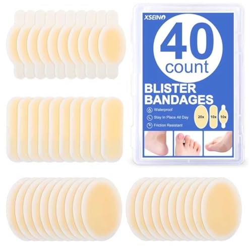 XSEINO Better Blister Bandages - 40ct - Water Resistant - 40% More Cushioning - Hydrocolloid Bandages for Foot, Toe, & Heel - Blister Pads for Prevention & Recovery - Super Quantity Variety Pack