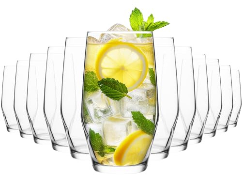 Homiu Highball Drinking Tumbler Glasses | Set of 12 | 495ML | Crystal Clear Tall High Ball Glasses | Water Gin Cocktail Juice | Drinking Glassware | Napoli Collection | Dishwasher Safe