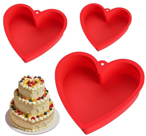 Wondora 3 Pezzi Stampo Silicone Cuore, Tortiere a Forma di Cuore Teglia, Mini Tortiere a Forma di Cuore Teglia, Materiale Sicuro, Vari Modelli, per Torte 3-D, Lasagne, Budino, Dessert (Rosso)