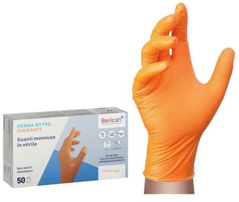 Generico Derma Nytril Diamante,Guanti in Nitrile, Senza Polvere, EXTRA GRIP, SPESSORE MAGGIORATO, Colore Arancione, 50 Pezzi IN BOX- CARTONE DA 500 PEZZI (M)