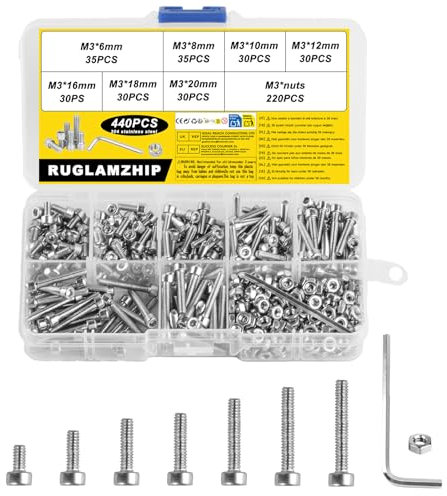 440 Pcs Vis M3, Boulons Vis à Tête Cylindrique à Six Pans Creux et écrous, Visserie Inox Kit Assortiment Vis à Six Pans Creux et écrous en Acier Inoxydable, Boulons et Ecrous Vis à Tête Hexagonale