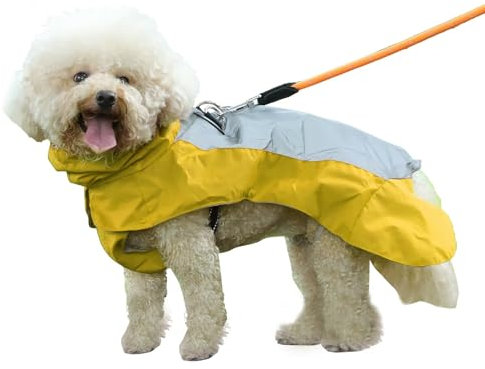 Vecomfy Hunde-Regenmantel mit integriertem Geschirr, wasserdichte Outdoor-Regenjacke für mittelgroße Hunde, verstellbare Taille durch Riemen, Gelb, Größe M