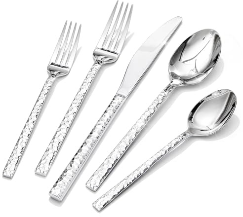 KINGSTONE 20 Piece Hammered Silverware Set, 18/10 Stainless Steel Flatware Set for 4, Cutlery Set for Home, Party, Wedding, Mirror Polished Dishwasher Safe