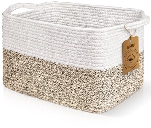Lychico Cotton Rope Woven Basket with Handles for Shelves,Toys,Book, Cloth Storage Baskets Bin for Organizing, 33x25x22.5cm Toy Decorative Organizer for Living Room, Bathroom - White&Brown