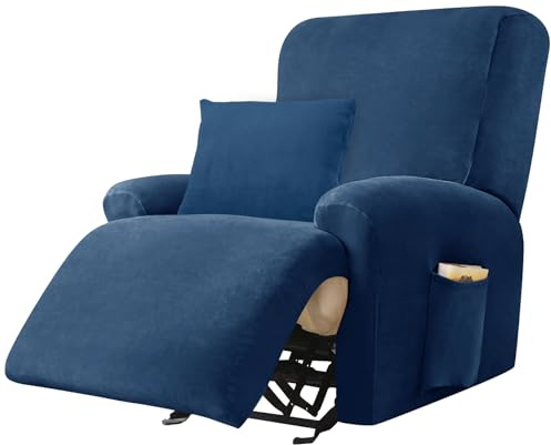 Alishomtll 4-Teilig Sessel Überzug 1 Sitzer Sesselschoner mit Taschen Blau | Stretchhusse Samt Sesselbezug mit Armlehne All-Inclusive Sesselüberzug für Fernsehsessel Relaxsessel mit 1 Kissenbezug
