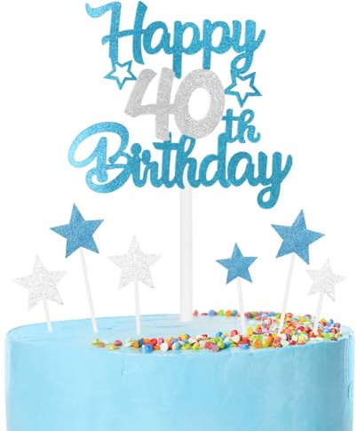 mciskin Blue and Silver Party Decorations,Women Men 40th Birthday Decorations,Personalised Cake/Cupcake Toppers Decorate for Men,Blue Silver Happy 40th Birthday Cake Toppers for Party Favor Supplies