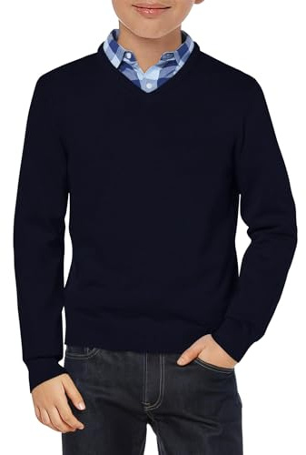 Haloumoning Pojkar pullover V-ringad uniform barn långärmad stickad tröja enfärgad basic casual lätta stickade toppar, Mörkblå, 9-10 år