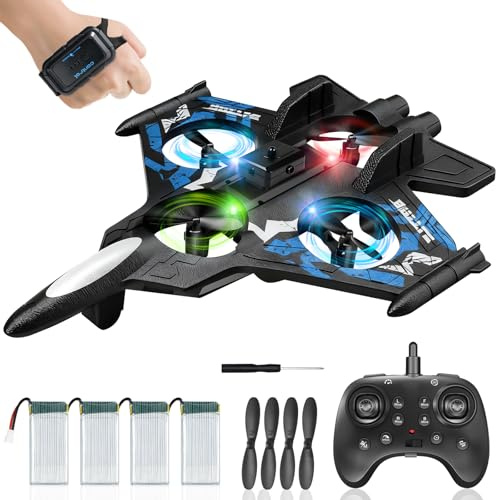 HERMORRYSS Avión Teledirigido, Avions de Juguete con Luz y Evita Obstáculos, RC Caza Modelo con 2 Mandos A Distancia, RC Avión con Rotación de 360° y Cuatro Pequeñas Hélices, Regalo para Niño (Azul)