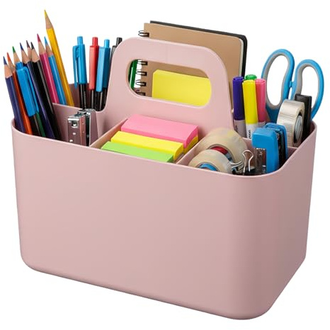 OFFASST Stapelbarer Aufbewahrungskorb mit Griff - Organizer für Putzmittel mit 5 Fächern, Küche, Bad, Schminktisch & Bastelzubehör, Ablagefächer für Makeup, Nähutensilien (Rosa 24.5x15.5x17.5 cm)