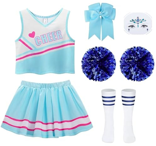 Aitsite Cheerleader Kostüm Kinder,Cheerleadering Outfit Mädchen,Kinderkostüm Cheerleader,Kinder Cheer Outfit Mit Pompoms Socken für Karneval,Fasching,Mottoparty (Blau, 120)