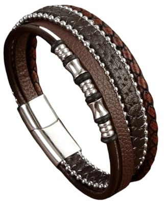 Bracciale Da Uomo In Pelle Intrecciata Multistrato Con Perline A Catena Casual, Cinturino Da Polso Con Chiusura Magnetica, Bracciale Vintage Fatto A Mano In Stile Punk Per Uomo E Donna, Colore Caff
