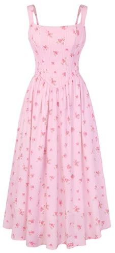 Women's Floral Corset Sundress Square Neck Sleeveless Cottagecore Dresses Summer Casual Dress Pink Size 16