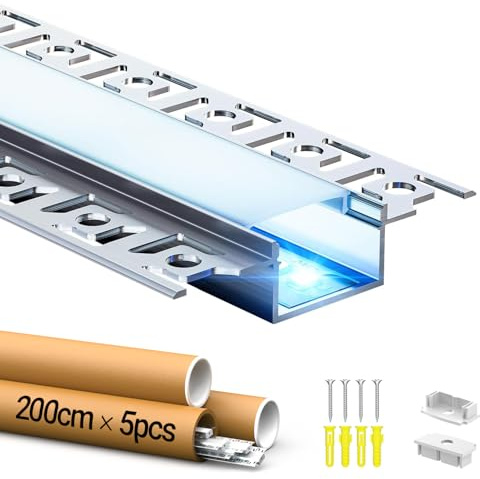 LASLUX LED Trockenbauprofil 2m × 5 – Alu Unterputz Profil 64.2x13.8mm für Streifen bis 20mm – Led unterputz profil trockenbau Aluminium Profile Schiene Kanäle Leiste Diffusor mit Abdeckung & Clips