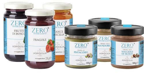 Agrisicilia box di marmellate, confetture e creme zero zuccheri, ideali per colazione e per merenda perfette per chi non vuole rinunciare alla linea 3x200g - 3x220g