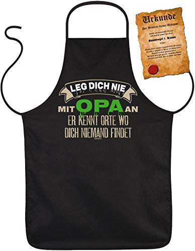 Opa Schürze - Sprüche Kochschürze Großvater : Leg Dich nie mit Opa an -- Geschenk Grillschürze Geburtstag Opa + Urkunde