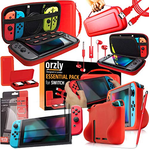 Switch Accesoires, Orzly Zubehör für Nintendo Switch (Panzer glas Schutzfolien, USB Ladekabel, Konsole Tragetasche, Spiele Patronenhülse, Comfort Grip Case, Kopfhörer)-ROT