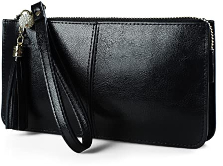 befen Genuine Leather Wristlet Bags Small Clutch Wallet Cell Phone Bag Ladies Purse and Handbag with Tassel Wrist Strap & Card Slots, Zip Pocket Coins Compartment