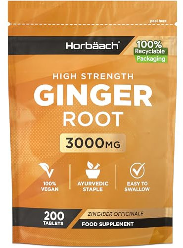 Ginger Root Tablets 3000mg | High Strength Zingiber Officinale Extract | Letterbox-Friendly & 100% Recyclable Pouch | 200 Vegan Tablets | by Horbaach