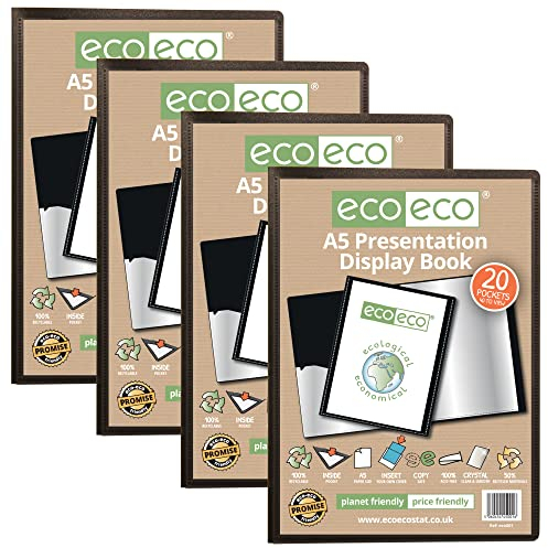 eco-eco Eco001x4 Präsentationsmappe, A5-Format, 50% recycelt, 20 Taschen, Schwarz, Präsentationsmappe mit Kunststoffhüllen, 4 Stück
