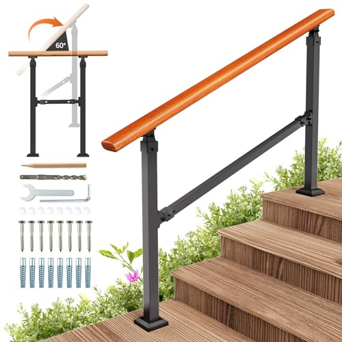 UOKRR 4 Step Metal Wood Grain Handrail Kit, Indoor Outdoor Stairs Hand Rails for Elderly, Porch Handrail for Wooden Exterior Concrete Steps, Fit 1 to 4 Steps