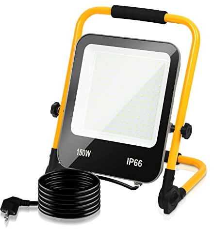 Yakimz Proiettore da cantiere LED Lampada da lavoro Proiettore 150W 13000LM con cavo di alimentazione IP66 Lampada da cantiere portatile e pieghevole 216 LED per officina cantiere garage, bianco