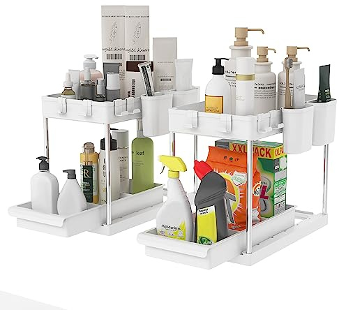 Mondeer Under Sink Storage, 2 Tier Organizer Rack with 4 Hooks and 2 Hanging Cups, for Office Kitchen Bathroom, W22 x D40.7 x H32.5cm, 2 PCs, White