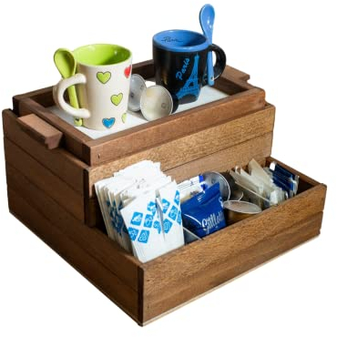 Porta Capsule e Cialde in Legno, Organizzatore Caffè, Coperchio Vassoio Estraibile, Vano + 3 Scomparti, Color Noce