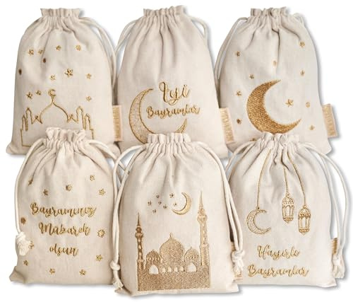 Papierdrachen 6 Geschenksäckchen zum Befüllen und Verschenken zum Zuckerfest - beige farbene Säckchen mit goldener Bestickung - in Größe 13x18cm - einzigartige Geschenkidee - Set 10