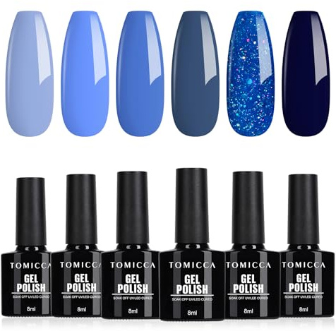 TOMICCA UV-nagellack med blått glitter, 6 färger höstglittrande gelnagellack med UV/LED-ljus, giftfri och långvarig, julklapp för nybörjare, nagelsalong, gör-det-själv, 8 ml