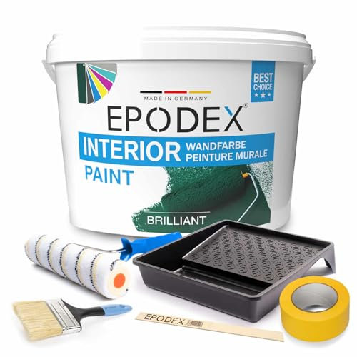 EPODEX® INTERIOR PAINT Peinture murale intérieure + kit d'accessoires | 45 couleurs brillantes blanc polaire multicolore | sans éclaboussures et résistant à faible odeur haute capacité couvrante 3-53