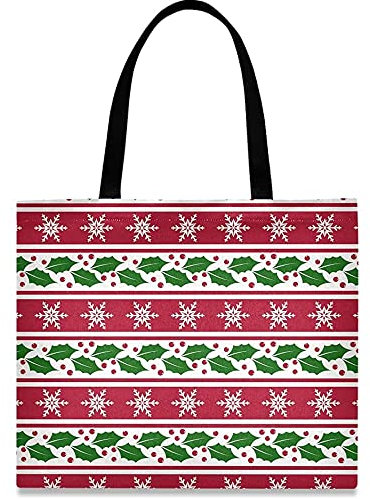 874 Stofftasche 40X50Cm, Frohe Weihnachten Gestreifte Schneeflocken Stechpalme Tragetasche Umweltfreundlich Einkaufsbeutel Unisex Shopper Handtasche Für Freunde Shopper Büro