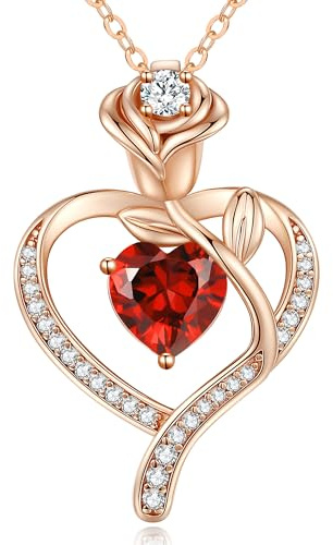 LOUISA SECRET Mothers Day Gifts for Mom Rose Flower Heart Birthstone Necklaces for Women, 925 Sterling Silver Jewelry, Pendant Heart Necklaces Birthday Anniversary Christmas Gift for Women Wife Mom Girlfriend Lady