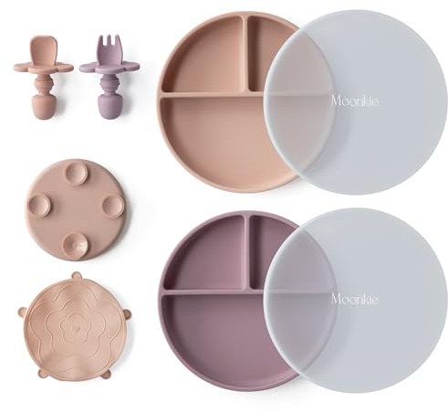Moonkie Piatto Svezzamento Silicone, 2Psc Piatto con Ventosa per Bambini, con Cucchiaio e Forchetta, Set Pappa Svezzamento Senza BPA, per Lavastoviglie Freezer e Microonde(Blush/Viola pallido)
