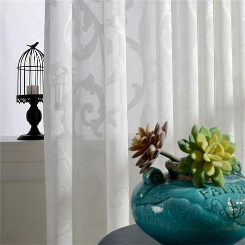 KEKUYA 2 er Set Wohnzimmer Gardinen,Voile Gardinen Vorhang halbtransparent mit Ösen Gardinen Modern für Schlafzimmer Balkontür Luftige Gardinen, Weißer Druck B132×H160cm