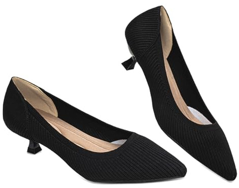 AHZEHRSE Black Closed Toe Heels for Women Knit Comfortable Dressy Kitten Heels for Women Short Heels Pumps Shoes for Work Office Casual