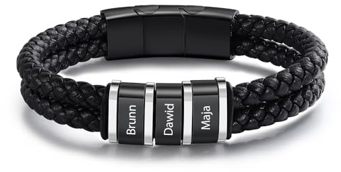 ALBERTBAND Personalisiertes Leder Armband mit Namen für Herren Edelstahl Schwarz Silber Armband Geschenk für Papa Vatertag Ehemann Valentinstag Opa Weihnachten