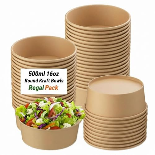 50 x 500ml (16oz) Kraft Paper Salad Bowls Without Lids | Round Disposable Food Containers – Leakproof, Heavy-Duty Tubs for Hot & Cold Takeaway Food, Soup, Ice Cream & Desserts