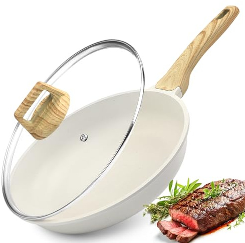 GiPP Nonstick Skillet Frying Pan,Granite Non Stick Pans,Omelette Pan with Heat-Resistant Handle,Compatible with All Stovetops,PFOA Free(White, 28cm+Lid)