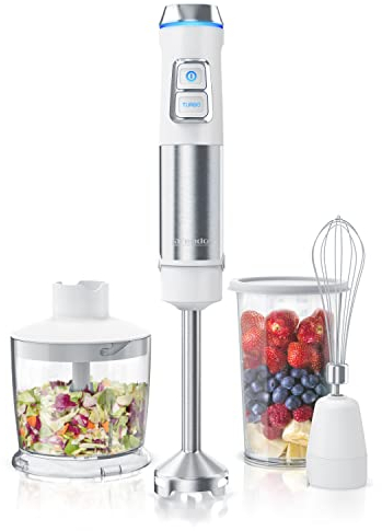 Arendo - Mixeur plongeant inox 1200 W - Couteau à quatre lames - Presse-purée - Variateur multi vitesses et Bouton turbo - Verre doseur 800 ml - Fouet - Hachoir 500 ml - Pied de mixeur amovible