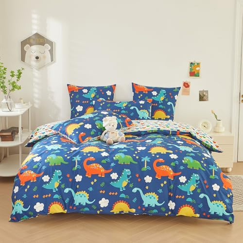 DXHOME Dino Bettwäsche 100x135 Baumwolle Jungen Dunkelblau Weiß Cartoon Bunter Dinosaurier Kinderbettwäsche Baby Jungen Mädchen Deckenbezug Einzelbett Bettbezug + 1 Kissenbezug 40x60 cm