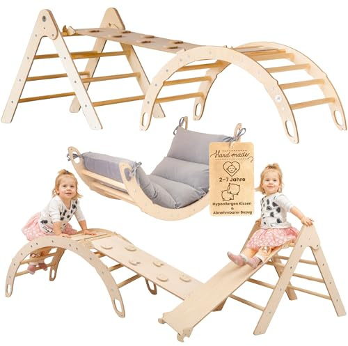 WoodsCraft 3in1 Set: Kletterdreieck, Kletterbogen & Rutsche/Kletterrampe | mit hypoallergen Kissen für Kletterbogen, holz Montessori Klettergerüst indoor, Babyrutsche, Klettern Baby & Kinder