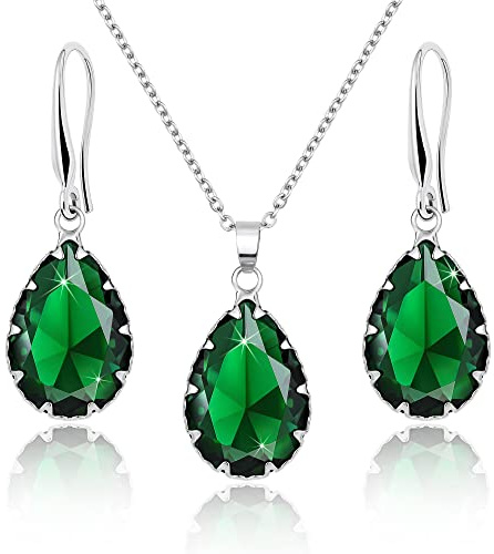 Linawe Emerald Crystal Imitation Diamond Jewellery Sets for Women, Silver Pendant Matching Necklace Set, Green Drop Dangle Earrings Set, Boho Rhinestone Teardrop Jewellery Wedding Bridal Bridesmaid