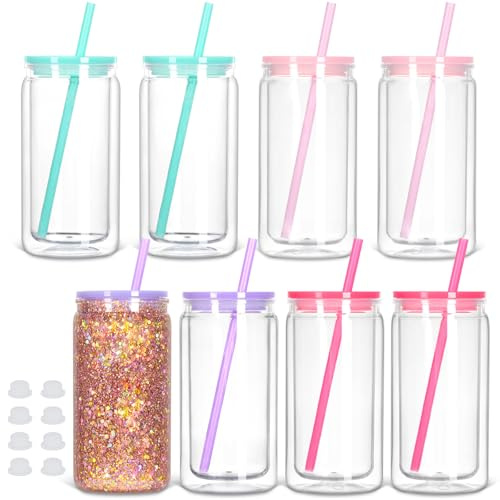 Tswofia 8-pack snöglob-tumbler, 473 ml dubbelväggig plastburk med lock och sugrör, masonburk mugg för gör-det-själv glitterpresent (blandade färger)