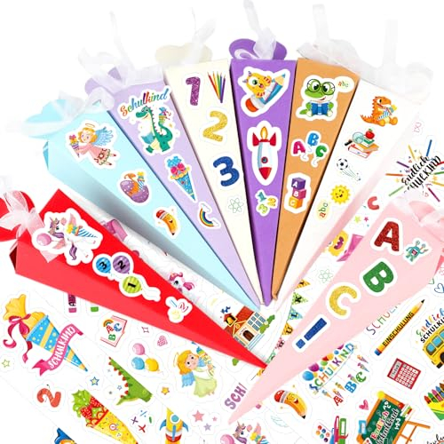 DPKOW Schulkind Schultüte, 32 STK Einschulung Schultüte mit 8 Blätter Aufkleber, Schulkind Geschenkboxen Schulanfang Geschenkverpackung Boxn für Mädchen Jungen