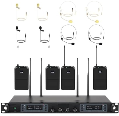 Wireless Microphone System 4 Channels Headset Mic Set Auto Scan Coverage For Church Stage Singers Karaoke