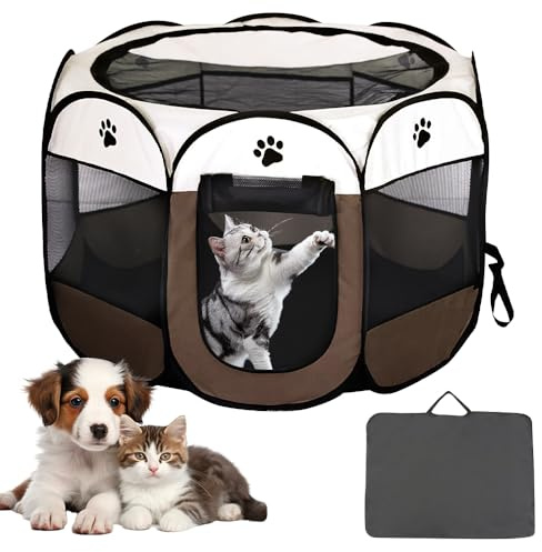 KQWVZ Welpenlaufstall 74 x 74 x 43cm, Tierlaufstall Faltbar, Oxford Wasserdichter Pet Laufstall, Abnehmbares Dach, Hundelaufstall, Welpenlaufstall Hundehütte, für Laufstall Hund, Katzen, Hasen (Braun)
