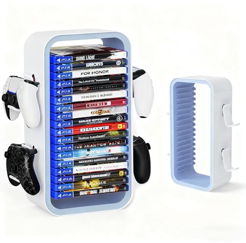 wigmoa OYO-1 【40 CM】 Spelförvaringstorn kompatibelt med PS5/serien S & X/Switch, universella videospelskivorganisatörer 18 st med 4 kontrollhållare, stativ för speldiskboxar. (Vit/blå)