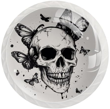 JAVENPROEQT Set di 12 pomelli rotondi in cristallo vintage con teschio e farfalle, per cassettiera, armadio, armadio, con viti, decorazione per casa, ufficio, cameretta dei bambini