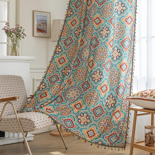 Erbnaryx Boho-Vorhänge, geometrische Lichtfilterung, halbverdunkelnd, Fenstervorhänge, 250 cm lang, Stangentaschenvorhänge für Wohnzimmer, 2 Paneele, geometrisches Blau